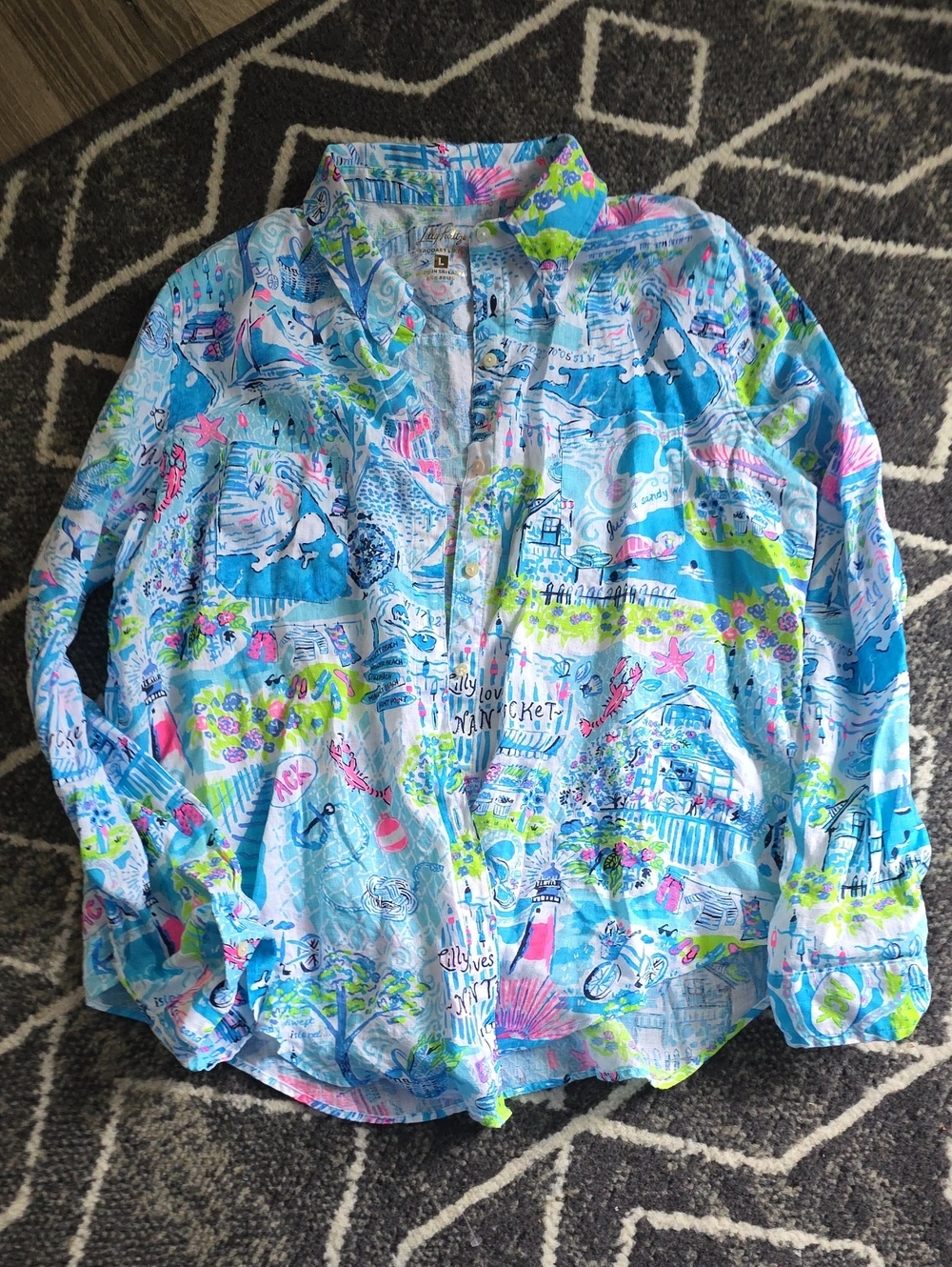 Lilly Pulitzer Blue Coastal Print Button-Up Linen shirt